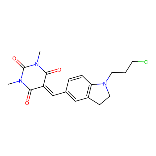 5-((1-(3-chloropropyl)indolin-5-yl)methylene)-1,3-dimethylpyrimidine-2,4,6(1H,3H,5H)-trione structure