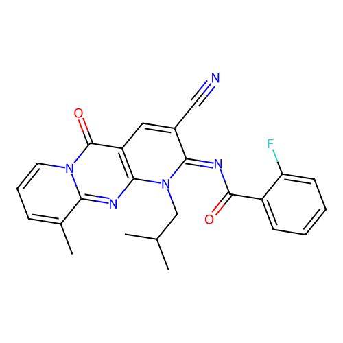 (E)-N-(3-cyano-1-isobutyl-10-methyl-5-oxo-1H-dipyrido[1,2-a:2',3'-d]pyrimidin-2(5H)-ylidene)-2-fluorobenzamide structure