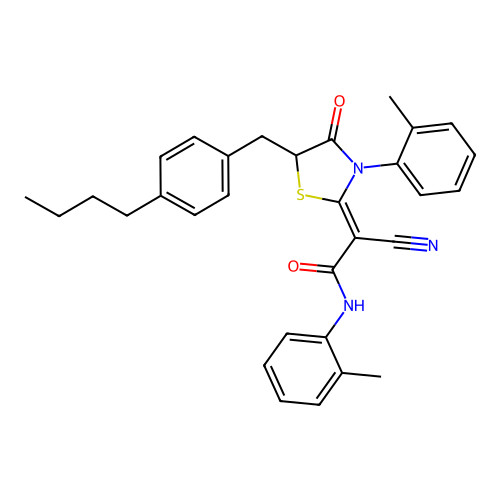 (2Z)-2-[5-(4-butylbenzyl)-3-(2-methylphenyl)-4-oxo-1,3-thiazolidin-2-ylidene]-2-cyano-N-(2-methylphenyl)ethanamide structure