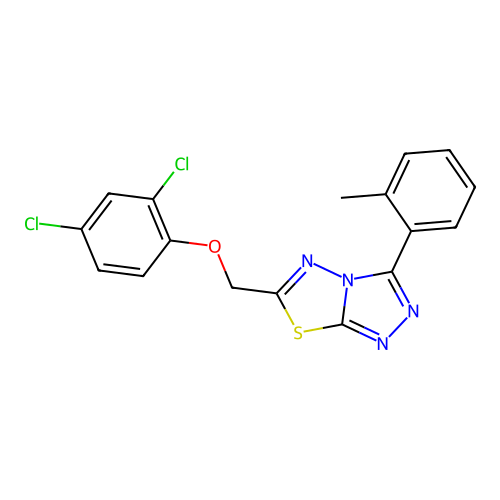 6-((2,4-dichlorophenoxy)methyl)-3-(o-tolyl)-[1,2,4]triazolo[3,4-b][1,3,4]thiadiazole structure