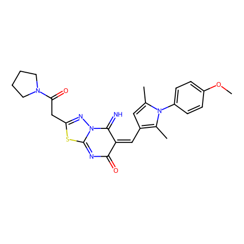 (E)-5-imino-6-((1-(4-methoxyphenyl)-2,5-dimethyl-1H-pyrrol-3-yl)methylene)-2-(2-oxo-2-(pyrrolidin-1-yl)ethyl)-5H-[1,3,4]thiadiazolo[3,2-a]pyrimidin-7(6H)-one structure