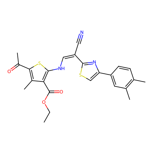 (Z)-ethyl 5-acetyl-2-((2-cyano-2-(4-(3,4-dimethylphenyl)thiazol-2-yl)vinyl)amino)-4-methylthiophene-3-carboxylate structure