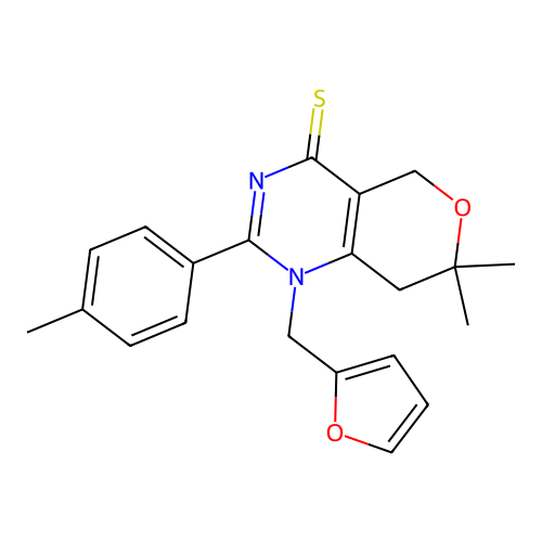 1-(2-furanylmethyl)-7,7-dimethyl-2-(4-methylphenyl)-5,8-dihydropyrano[4,3-d]pyrimidine-4-thione structure
