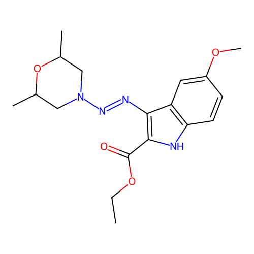 (E)-ethyl 3-((2,6-dimethylmorpholino)diazenyl)-5-methoxy-1H-indole-2-carboxylate structure