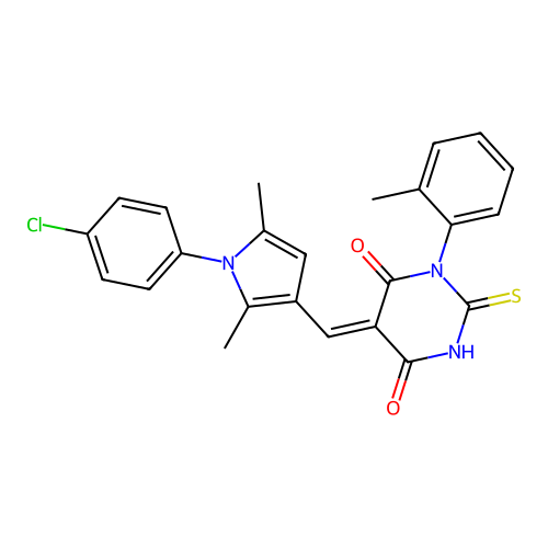 (5Z)-5-[[1-(4-chlorophenyl)-2,5-dimethylpyrrol-3-yl]methylidene]-1-(2-methylphenyl)-2-sulfanylidene-1,3-diazinane-4,6-dione structure