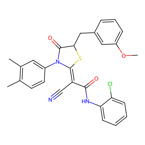(2Z)-N-(2-chlorophenyl)-2-cyano-2-[3-(3,4-dimethylphenyl)-5-(3-methoxybenzyl)-4-oxo-1,3-thiazolidin-2-ylidene]ethanamide structure
