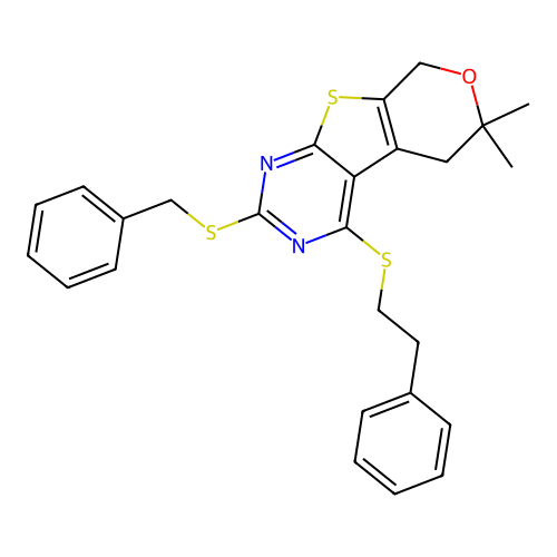 2-(benzylsulfanyl)-6,6-dimethyl-4-[(2-phenylethyl)sulfanyl]-5,8-dihydro-6H-pyrano[4',3':4,5]thieno[2,3-d]pyrimidine structure