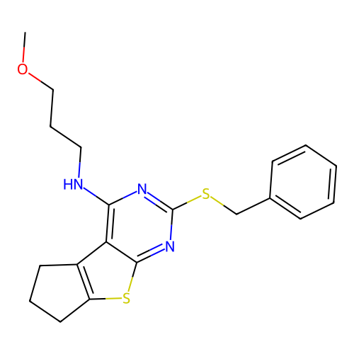 (2-Benzylsulfanyl-6,7-dihydro-5H-cyclopenta[4,5]thieno[2,3-d]pyrimidin-4-yl)-(3-methoxy-propyl)-amine structure