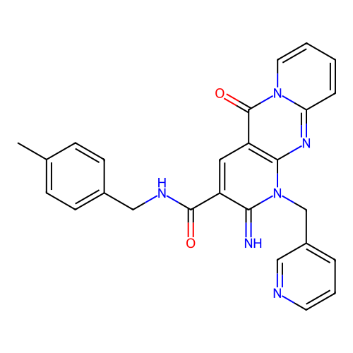 6-imino-N-[(4-methylphenyl)methyl]-2-oxo-7-[(pyridin-3-yl)methyl]-1,7,9-triazatricyclo[8.4.0.0^{3,8}]tetradeca-3(8),4,9,11,13-pentaene-5-carboxamide structure