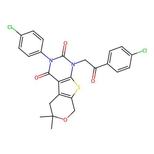 3-(4-chlorophenyl)-1-(2-(4-chlorophenyl)-2-oxoethyl)-6,6-dimethyl-5,6-dihydro-1H-pyrano[4',3':4,5]thieno[2,3-d]pyrimidine-2,4(3H,8H)-dione structure