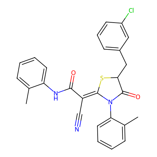 (2Z)-2-[5-(3-chlorobenzyl)-3-(2-methylphenyl)-4-oxo-1,3-thiazolidin-2-ylidene]-2-cyano-N-(2-methylphenyl)ethanamide structure