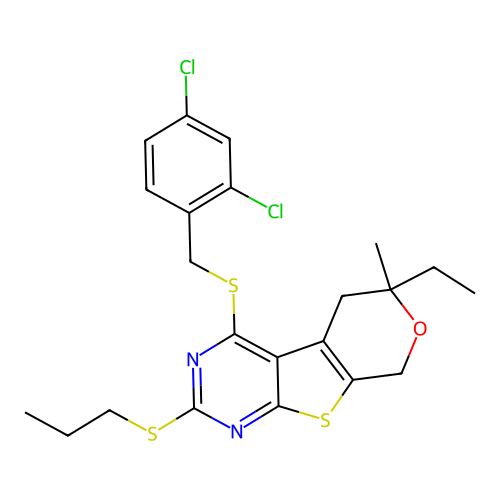 4-((2,4-dichlorobenzyl)thio)-6-ethyl-6-methyl-2-(propylthio)-6,8-dihydro-5H-pyrano[4',3':4,5]thieno[2,3-d]pyrimidine structure