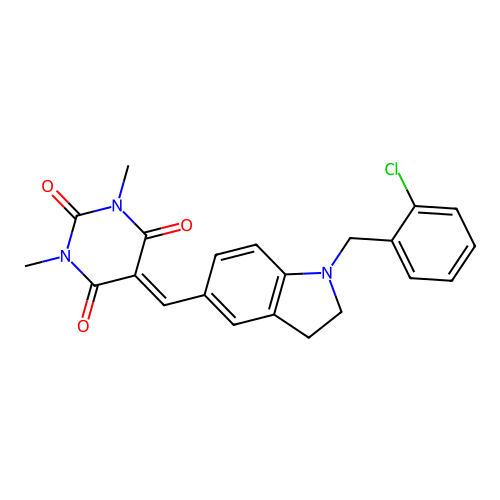 5-((1-(2-chlorobenzyl)indolin-5-yl)methylene)-1,3-dimethylpyrimidine-2,4,6(1H,3H,5H)-trione structure