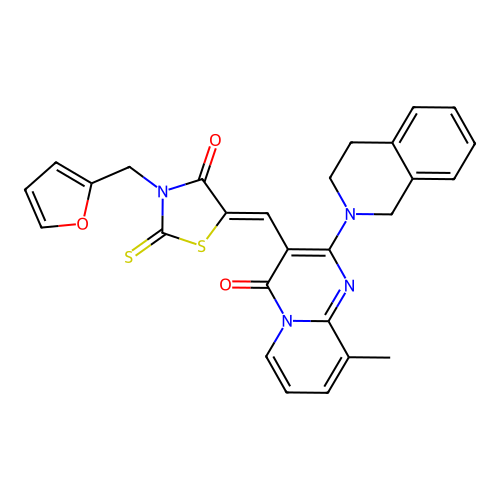 2-(3,4-dihydroisoquinolin-2(1H)-yl)-3-{(Z)-[3-(furan-2-ylmethyl)-4-oxo-2-thioxo-1,3-thiazolidin-5-ylidene]methyl}-9-methyl-4H-pyrido[1,2-a]pyrimidin-4-one structure