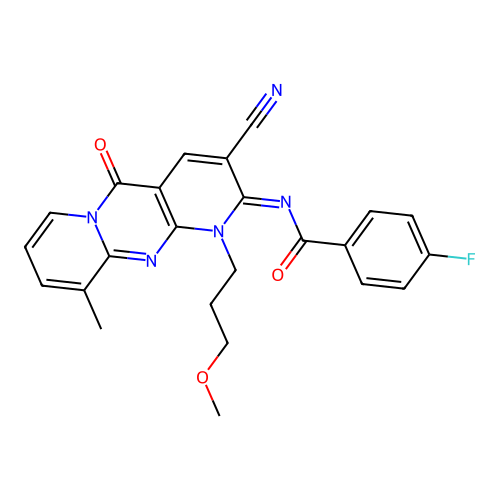 (E)-N-(3-cyano-1-(3-methoxypropyl)-10-methyl-5-oxo-1H-dipyrido[1,2-a:2',3'-d]pyrimidin-2(5H)-ylidene)-4-fluorobenzamide structure