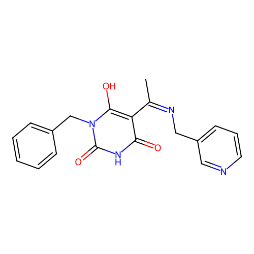 (E)-1-benzyl-5-(1-((pyridin-3-ylmethyl)amino)ethylidene)pyrimidine-2,4,6(1H,3H,5H)-trione structure