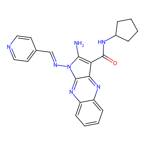 (E)-2-amino-N-cyclopentyl-1-((pyridin-4-ylmethylene)amino)-1H-pyrrolo[2,3-b]quinoxaline-3-carboxamide structure
