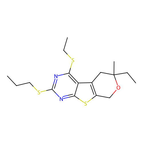 6-ethyl-4-(ethylsulfanyl)-6-methyl-2-(propylsulfanyl)-5,8-dihydro-6H-pyrano[4',3':4,5]thieno[2,3-d]pyrimidine structure