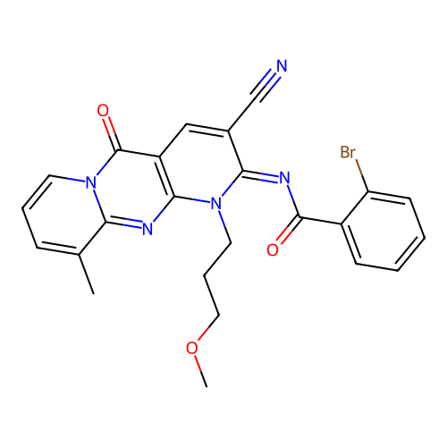 (E)-2-bromo-N-(3-cyano-1-(3-methoxypropyl)-10-methyl-5-oxo-1H-dipyrido[1,2-a:2',3'-d]pyrimidin-2(5H)-ylidene)benzamide structure