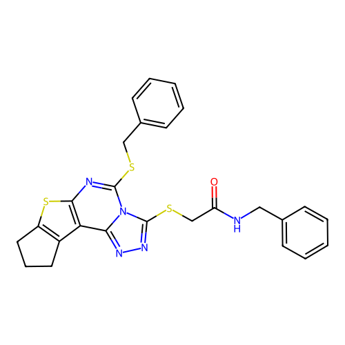 N-benzyl-2-((5-(benzylthio)-9,10-dihydro-8H-cyclopenta[4,5]thieno[3,2-e][1,2,4]triazolo[4,3-c]pyrimidin-3-yl)thio)acetamide structure