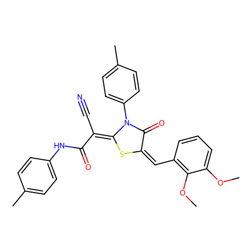 (2Z)-2-cyano-2-[(5E)-5-(2,3-dimethoxybenzylidene)-3-(4-methylphenyl)-4-oxo-1,3-thiazolidin-2-ylidene]-N-(4-methylphenyl)ethanamide structure