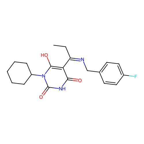 1-cyclohexyl-5-[1-[(4-fluorophenyl)methylamino]propylidene]-1,3-diazinane-2,4,6-trione structure