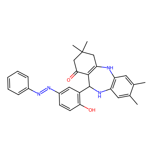 (E)-11-(2-hydroxy-5-(phenyldiazenyl)phenyl)-3,3,7,8-tetramethyl-2,3,4,5,10,11-hexahydro-1H-dibenzo[b,e][1,4]diazepin-1-one structure
