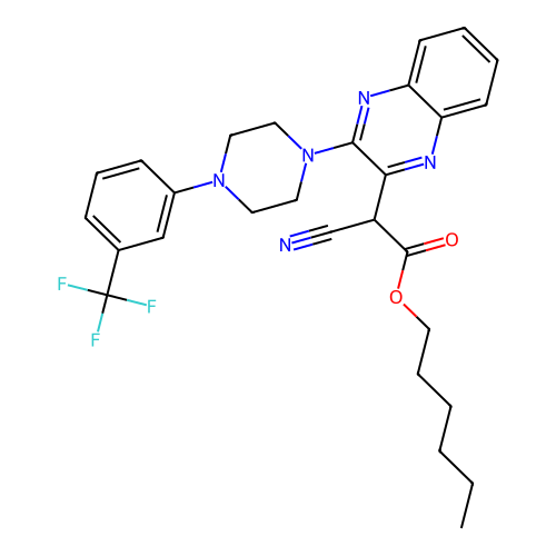 Hexyl 2-cyano-2-[3-[4-[3-(trifluoromethyl)phenyl]piperazin-1-yl]quinoxalin-2-yl]acetate structure