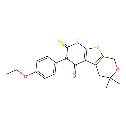 3-(4-ethoxyphenyl)-2-mercapto-6,6-dimethyl-5,6-dihydro-3H-pyrano[4',3':4,5]thieno[2,3-d]pyrimidin-4(8H)-one structure
