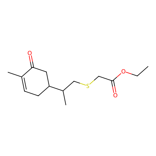 Ethyl ((2-(4-methyl-5-oxo-3-cyclohexen-1-yl)propyl)thio)acetate structure