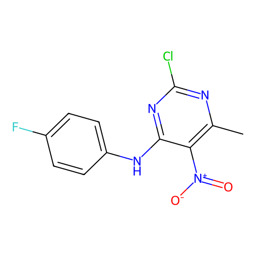 2-chloro-N-(4-fluorophenyl)-6-methyl-5-nitropyrimidin-4-amine structure
