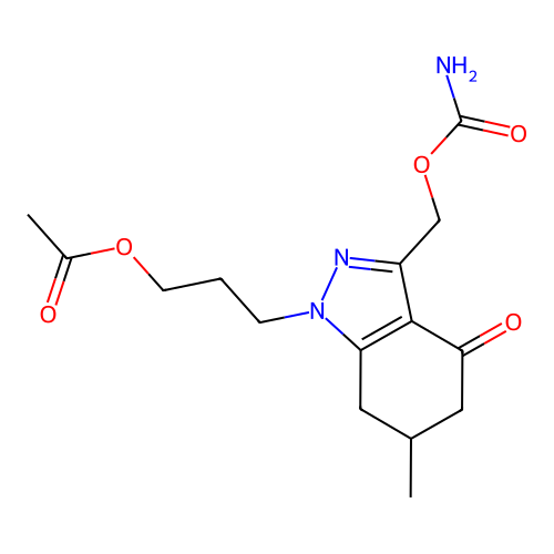 3-[3-(carbamoyloxymethyl)-6-methyl-4-oxo-6,7-dihydro-5H-indazol-1-yl]propyl acetate structure