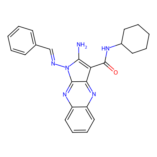 (E)-2-amino-1-(benzylideneamino)-N-cyclohexyl-1H-pyrrolo[2,3-b]quinoxaline-3-carboxamide structure