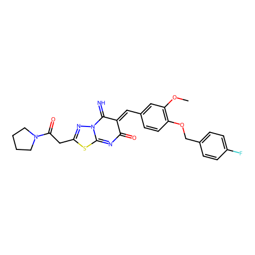 (6Z)-6-[[4-[(4-fluorophenyl)methoxy]-3-methoxyphenyl]methylidene]-5-imino-2-(2-oxo-2-pyrrolidin-1-ylethyl)-[1,3,4]thiadiazolo[3,2-a]pyrimidin-7-one structure