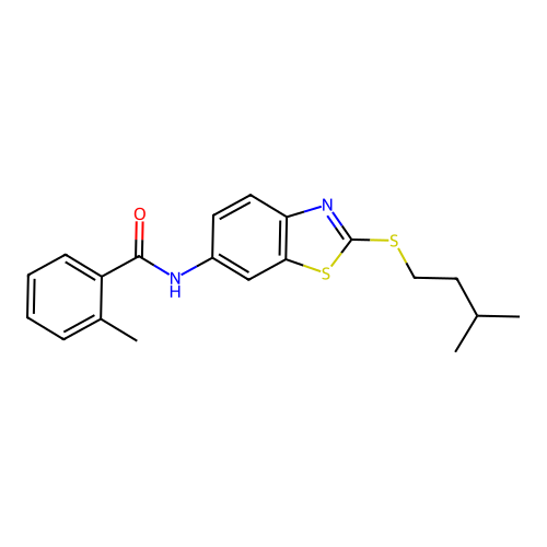 2-methyl-N-{2-[(3-methylbutyl)sulfanyl]-1,3-benzothiazol-6-yl}benzamide structure