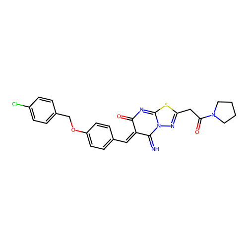 (6Z)-6-[[4-[(4-chlorophenyl)methoxy]phenyl]methylidene]-5-imino-2-(2-oxo-2-pyrrolidin-1-ylethyl)-[1,3,4]thiadiazolo[3,2-a]pyrimidin-7-one structure