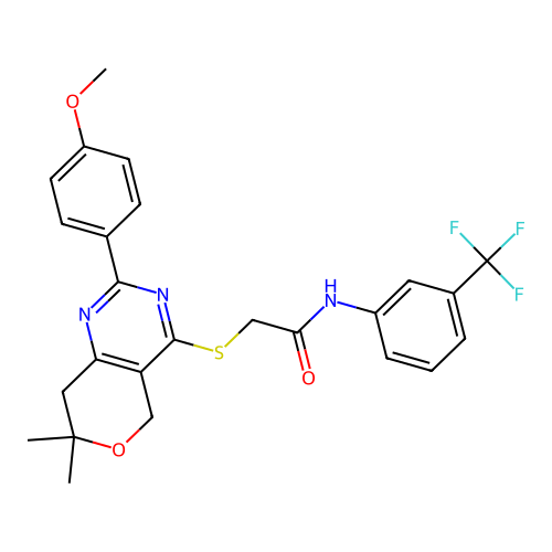 2-((2-(4-methoxyphenyl)-7,7-dimethyl-7,8-dihydro-5H-pyrano[4,3-d]pyrimidin-4-yl)thio)-N-(3-(trifluoromethyl)phenyl)acetamide structure