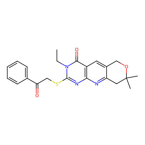 3-ethyl-8,8-dimethyl-2-((2-oxo-2-phenylethyl)thio)-8,9-dihydro-3H-pyrano[3',4':5,6]pyrido[2,3-d]pyrimidin-4(6H)-one structure