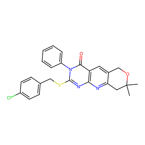 2-[(4-chlorobenzyl)sulfanyl]-8,8-dimethyl-3-phenyl-3,6,8,9-tetrahydro-4H-pyrano[3',4':5,6]pyrido[2,3-d]pyrimidin-4-one structure