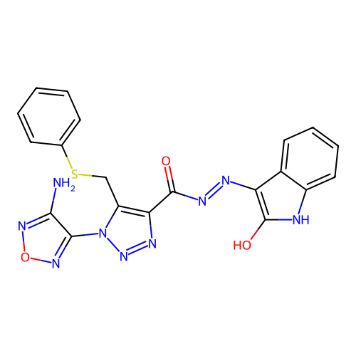 1-(4-amino-1,2,5-oxadiazol-3-yl)-N'-[(3Z)-2-oxo-1,2-dihydro-3H-indol-3-ylidene]-5-[(phenylsulfanyl)methyl]-1H-1,2,3-triazole-4-carbohydrazide structure