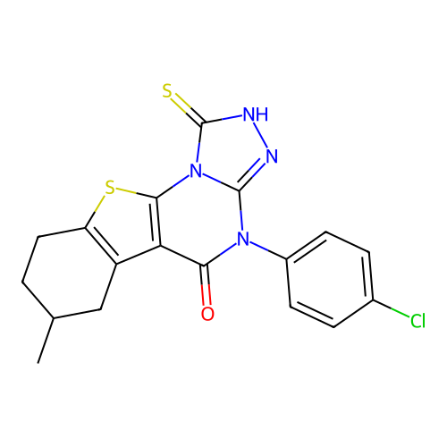 4-(4-chlorophenyl)-1-mercapto-7-methyl-6,7,8,9-tetrahydrobenzo[4,5]thieno[3,2-e][1,2,4]triazolo[4,3-a]pyrimidin-5(4H)-one structure