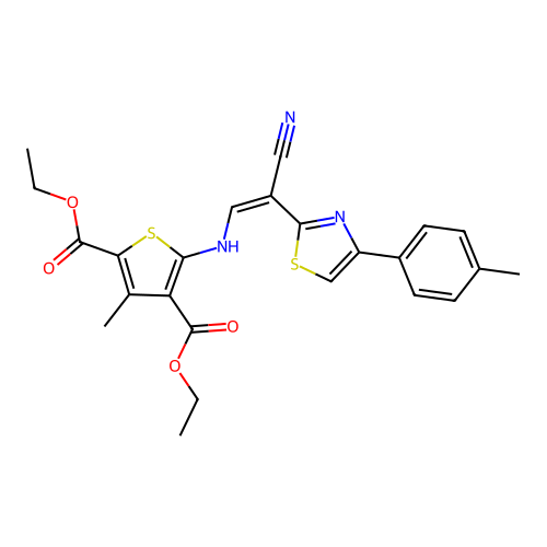 (Z)-diethyl 5-((2-cyano-2-(4-(p-tolyl)thiazol-2-yl)vinyl)amino)-3-methylthiophene-2,4-dicarboxylate structure