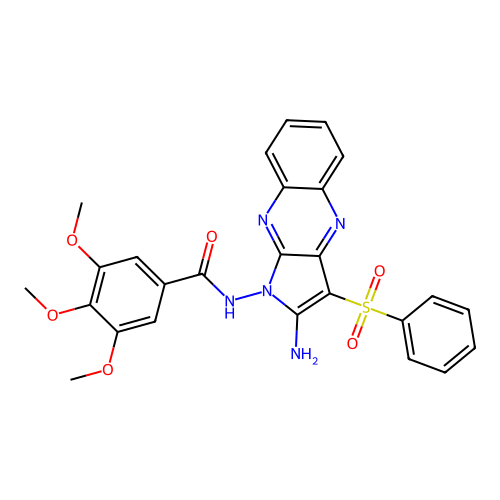 N-(2-amino-3-(phenylsulfonyl)-1H-pyrrolo[2,3-b]quinoxalin-1-yl)-3,4,5-trimethoxybenzamide structure