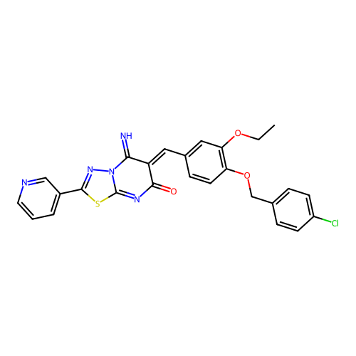 (6Z)-6-[[4-[(4-chlorophenyl)methoxy]-3-ethoxyphenyl]methylidene]-5-imino-2-pyridin-3-yl-[1,3,4]thiadiazolo[3,2-a]pyrimidin-7-one structure