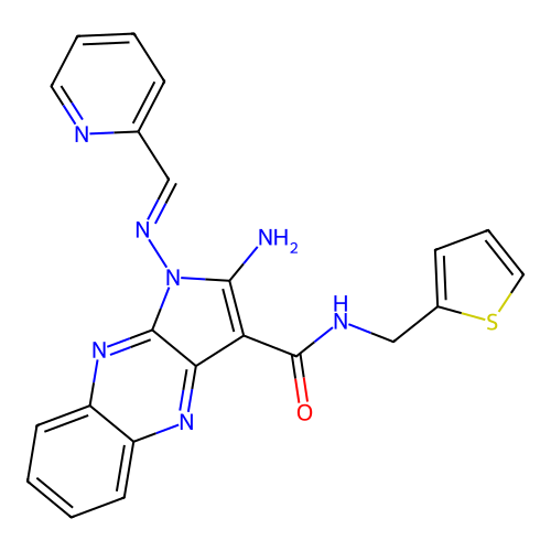 (E)-2-amino-1-((pyridin-2-ylmethylene)amino)-N-(thiophen-2-ylmethyl)-1H-pyrrolo[2,3-b]quinoxaline-3-carboxamide structure