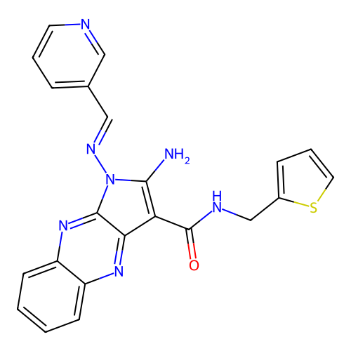 (E)-2-amino-1-((pyridin-3-ylmethylene)amino)-N-(thiophen-2-ylmethyl)-1H-pyrrolo[2,3-b]quinoxaline-3-carboxamide structure