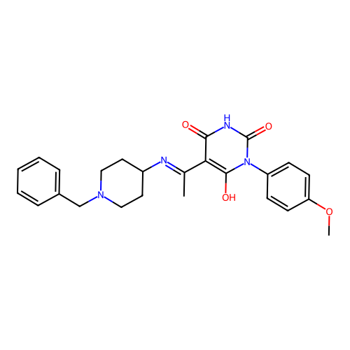 (5E)-5-{1-[(1-benzylpiperidin-4-yl)amino]ethylidene}-6-hydroxy-3-(4-methoxyphenyl)pyrimidine-2,4(3H,5H)-dione structure