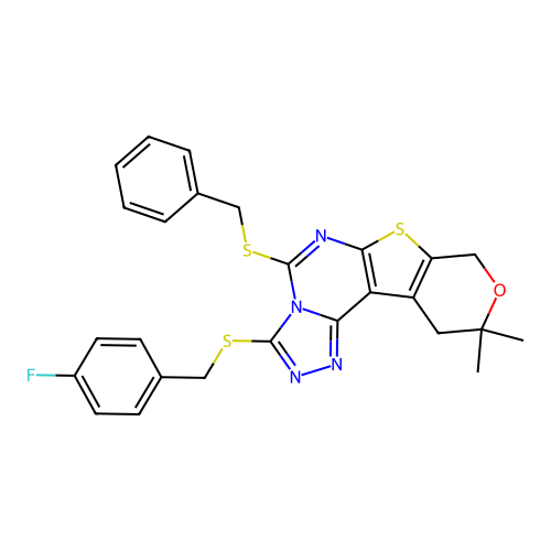 5-(benzylsulfanyl)-3-[(4-fluorobenzyl)sulfanyl]-10,10-dimethyl-10,11-dihydro-8H-pyrano[4',3':4,5]thieno[3,2-e][1,2,4]triazolo[4,3-c]pyrimidine structure