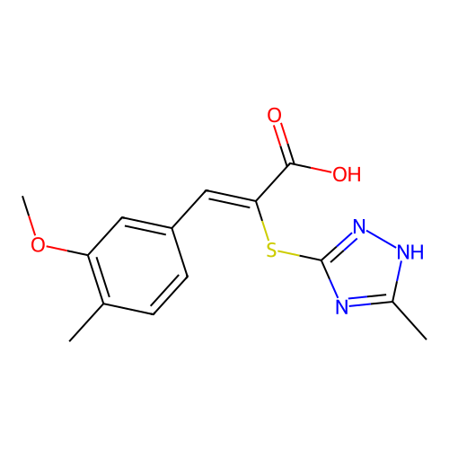 (Z)-3-(3-methoxy-4-methylphenyl)-2-((5-methyl-4H-1,2,4-triazol-3-yl)thio)acrylic acid structure