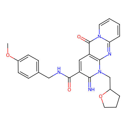 6-imino-N-[(4-methoxyphenyl)methyl]-2-oxo-7-(oxolan-2-ylmethyl)-1,7,9-triazatricyclo[8.4.0.03,8]tetradeca-3(8),4,9,11,13-pentaene-5-carboxamide structure